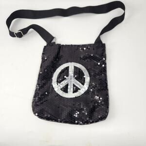 The Childrens Place Girls Crossbody Bag Black Sequin Peace Sign Adjustable Strap